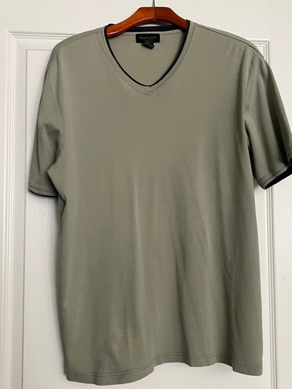 Van Heusen Men's V-Neck Short Sleeve Tee in Olive with Black Trim